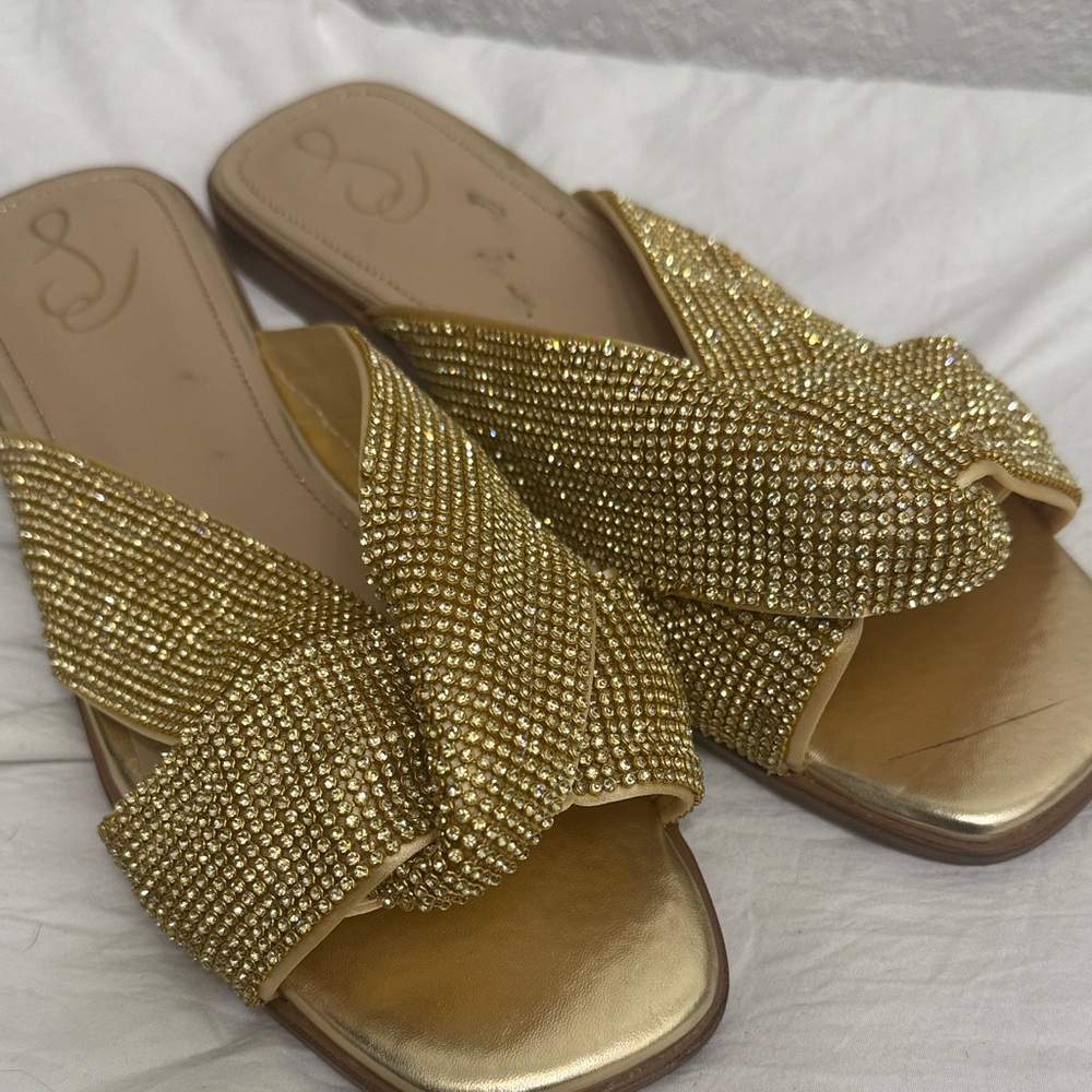 Sam Edelman knotted Gold Crystal Slide Sandals 9.5 issie